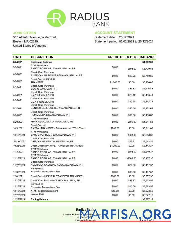 Realistic USA Massachusetts Radius bank statement excel download for verification